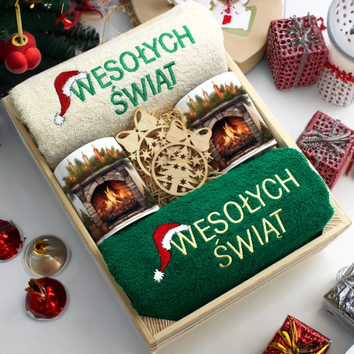 ZESTAW PREZENT ŚWIĄTECZNY KOMPLET KUBKI RĘCZNIKI W SKRZYNCE ŚWIĘTA MIKOŁAJ