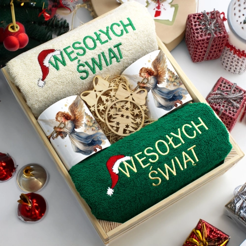 ZESTAW PREZENT ŚWIĄTECZNY KOMPLET KUBKI RĘCZNIKI W SKRZYNCE ŚWIĘTA MIKOŁAJ