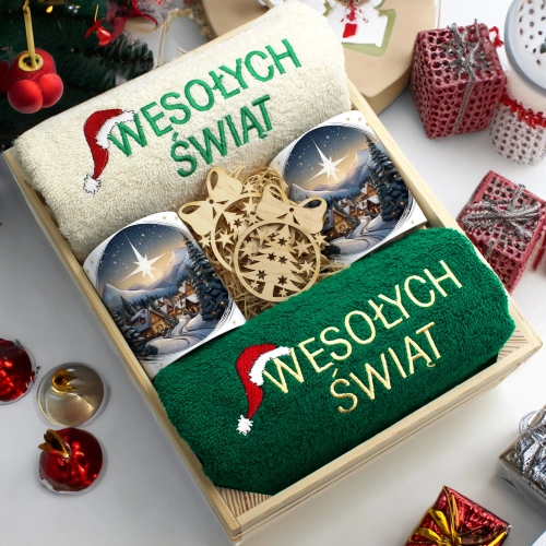 ZESTAW PREZENT ŚWIĄTECZNY KOMPLET KUBKI RĘCZNIKI W SKRZYNCE ŚWIĘTA MIKOŁAJ