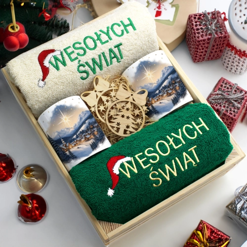ZESTAW PREZENT ŚWIĄTECZNY KOMPLET KUBKI RĘCZNIKI W SKRZYNCE ŚWIĘTA MIKOŁAJ