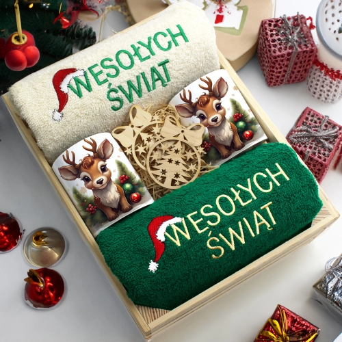 ZESTAW PREZENT ŚWIĄTECZNY KOMPLET KUBKI RĘCZNIKI W SKRZYNCE ŚWIĘTA MIKOŁAJ