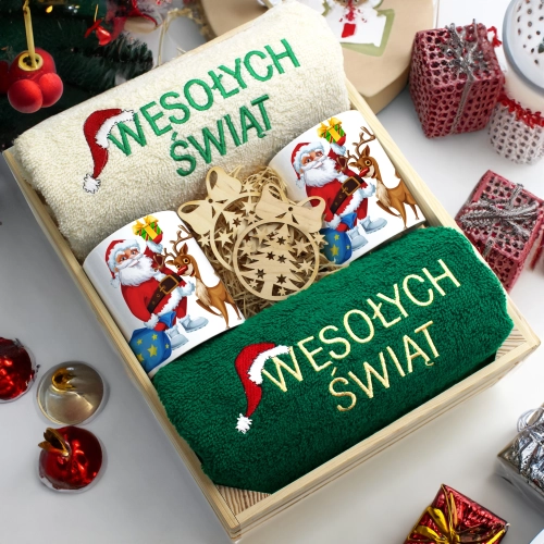 ZESTAW PREZENT ŚWIĄTECZNY KOMPLET KUBKI RĘCZNIKI W SKRZYNCE ŚWIĘTA MIKOŁAJ