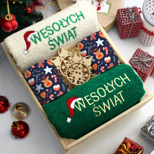 ZESTAW PREZENT ŚWIĄTECZNY KOMPLET KUBKI RĘCZNIKI W SKRZYNCE ŚWIĘTA MIKOŁAJ