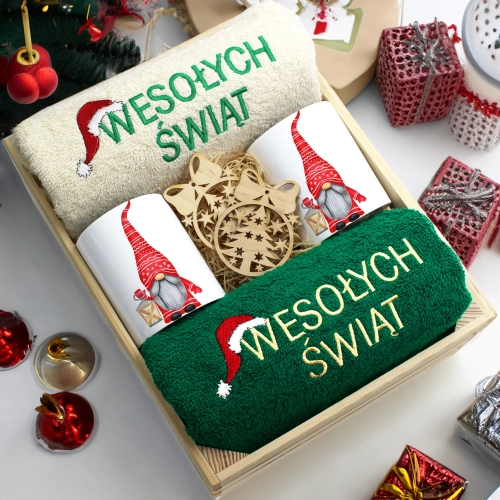 ZESTAW PREZENT ŚWIĄTECZNY KOMPLET KUBKI RĘCZNIKI W SKRZYNCE ŚWIĘTA MIKOŁAJ