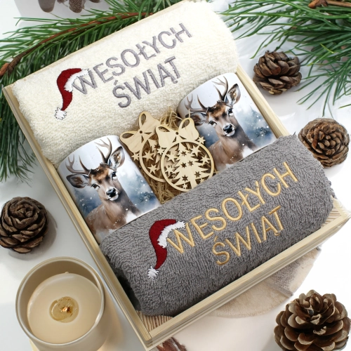 ZESTAW PREZENT ŚWIĄTECZNY KOMPLET KUBKI RĘCZNIKI W SKRZYNCE ŚWIĘTA MIKOŁAJ