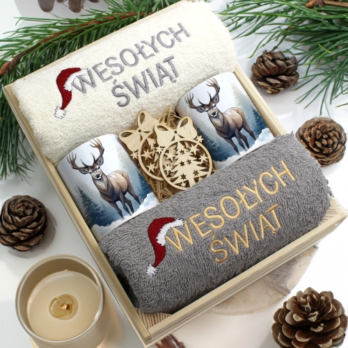 ZESTAW PREZENT ŚWIĄTECZNY KOMPLET KUBKI RĘCZNIKI W SKRZYNCE ŚWIĘTA MIKOŁAJ