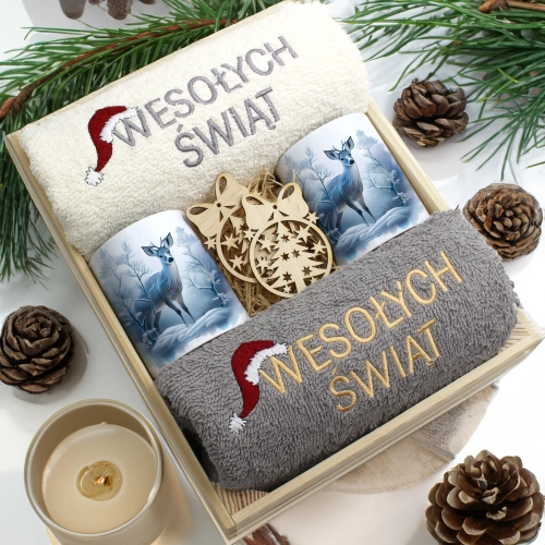 ZESTAW PREZENT ŚWIĄTECZNY KOMPLET KUBKI RĘCZNIKI W SKRZYNCE ŚWIĘTA MIKOŁAJ