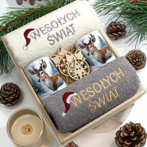 ZESTAW PREZENT ŚWIĄTECZNY KOMPLET KUBKI RĘCZNIKI W SKRZYNCE ŚWIĘTA MIKOŁAJ