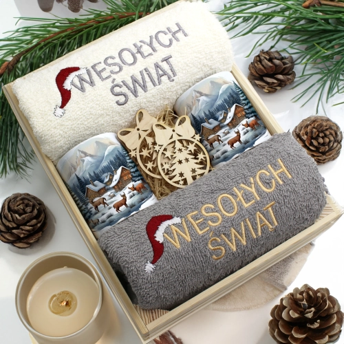 ZESTAW PREZENT ŚWIĄTECZNY KOMPLET KUBKI RĘCZNIKI W SKRZYNCE ŚWIĘTA MIKOŁAJ
