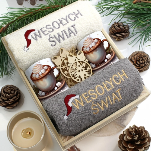 ZESTAW PREZENT ŚWIĄTECZNY KOMPLET KUBKI RĘCZNIKI W SKRZYNCE ŚWIĘTA MIKOŁAJ