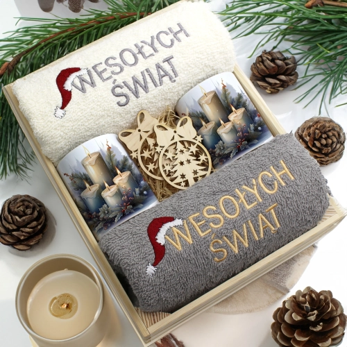 ZESTAW PREZENT ŚWIĄTECZNY KOMPLET KUBKI RĘCZNIKI W SKRZYNCE ŚWIĘTA MIKOŁAJ