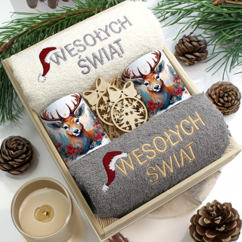 ZESTAW PREZENT ŚWIĄTECZNY KOMPLET KUBKI RĘCZNIKI W SKRZYNCE ŚWIĘTA MIKOŁAJ