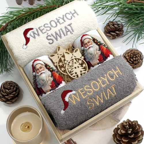ZESTAW PREZENT ŚWIĄTECZNY KOMPLET KUBKI RĘCZNIKI W SKRZYNCE ŚWIĘTA MIKOŁAJ