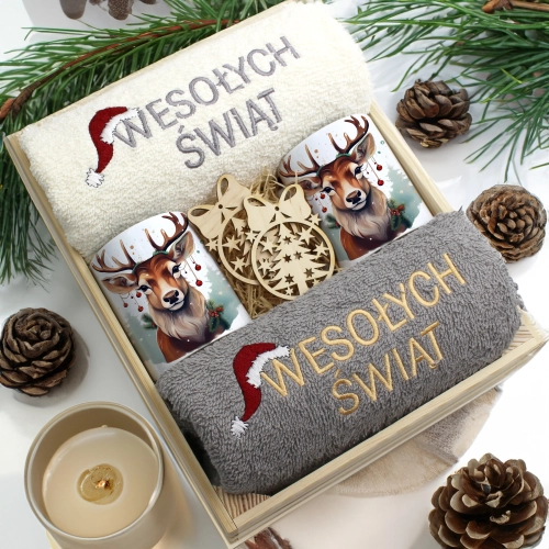 ZESTAW PREZENT ŚWIĄTECZNY KOMPLET KUBKI RĘCZNIKI W SKRZYNCE ŚWIĘTA MIKOŁAJ