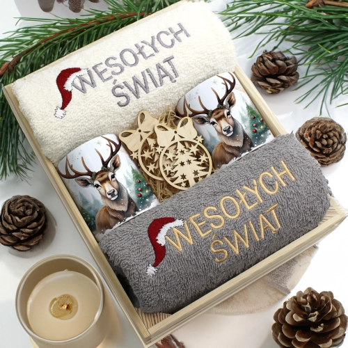 ZESTAW PREZENT ŚWIĄTECZNY KOMPLET KUBKI RĘCZNIKI W SKRZYNCE ŚWIĘTA MIKOŁAJ