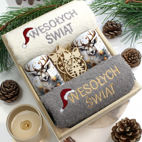 ZESTAW PREZENT ŚWIĄTECZNY KOMPLET KUBKI RĘCZNIKI W SKRZYNCE ŚWIĘTA MIKOŁAJ