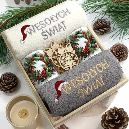 ZESTAW PREZENT ŚWIĄTECZNY KOMPLET KUBKI RĘCZNIKI W SKRZYNCE ŚWIĘTA MIKOŁAJ