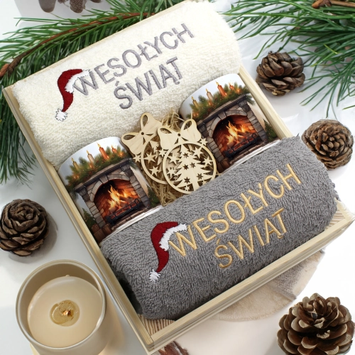 ZESTAW PREZENT ŚWIĄTECZNY KOMPLET KUBKI RĘCZNIKI W SKRZYNCE ŚWIĘTA MIKOŁAJ