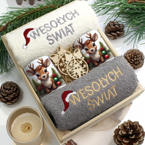 ZESTAW PREZENT ŚWIĄTECZNY KOMPLET KUBKI RĘCZNIKI W SKRZYNCE ŚWIĘTA MIKOŁAJ