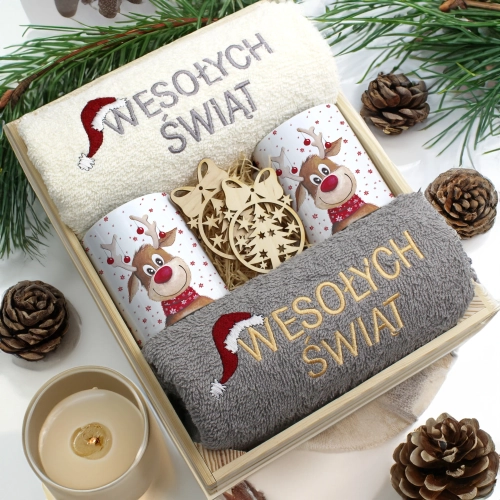 ZESTAW PREZENT ŚWIĄTECZNY KOMPLET KUBKI RĘCZNIKI W SKRZYNCE ŚWIĘTA MIKOŁAJ