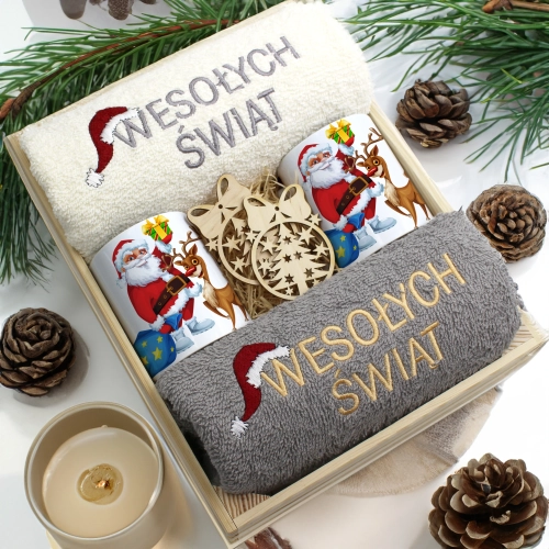 ZESTAW PREZENT ŚWIĄTECZNY KOMPLET KUBKI RĘCZNIKI W SKRZYNCE ŚWIĘTA MIKOŁAJ