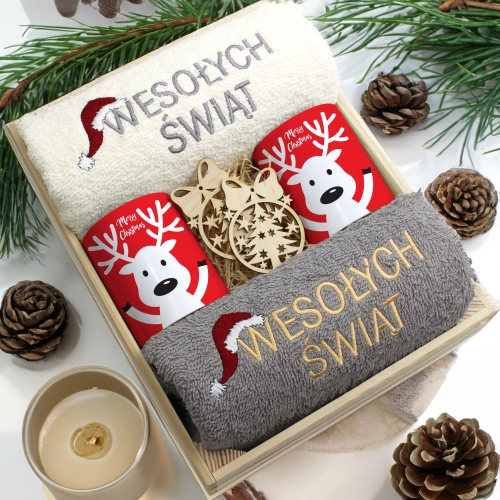 ZESTAW PREZENT ŚWIĄTECZNY KOMPLET KUBKI RĘCZNIKI W SKRZYNCE ŚWIĘTA MIKOŁAJ