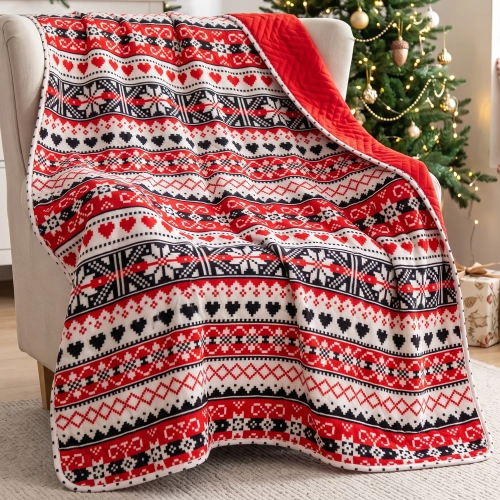 Świąteczna narzuta welurowa velvet na fotel 70x160 styl norweski w serduszka