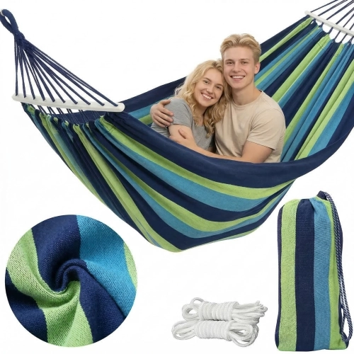 Zestaw hamak 2-osobowy niebieski w zielone pasy z pokrowcem i linkami