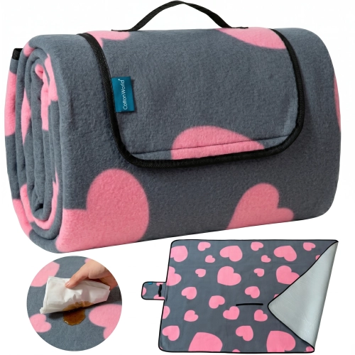 Kompilacja koca piknikowego WONDER: złożony w torbę z uchwytem, rozłożony w rozmiarze 200x200 oraz łatwe wycieranie plam