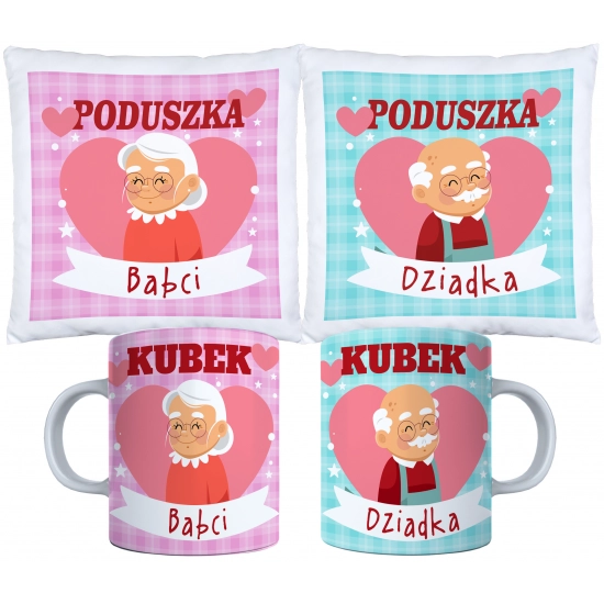 KOMPLET PREZENT DLA BABCI I DZIADKA PODUSZKA KUBEK BABCIA DZIADEK ZESTAW