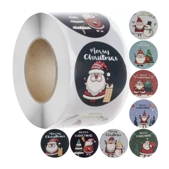 Rolka czerwonych, samoprzylepnych naklejek świątecznych (500 sztuk, 8 wzorów) z napisem "Merry Christmas".