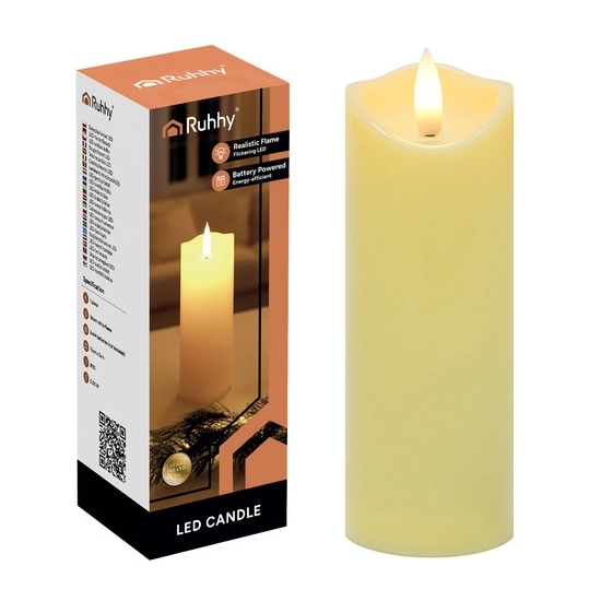Świeczka LED RUHHY (15 cm) w kolorze beżowym, z efektem migającego płomienia w ciepłej bieli.