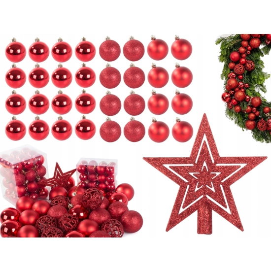 BOMBKI CHOINKOWE NA CHOINKĘ 6/4/3 cm ZESTAW 100 SZTUK + GWIAZDA CZERWONE