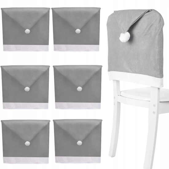 Zestaw 6 szarych pokrowców na krzesła w kształcie Czapki Mikołaja, z białym pomponem,