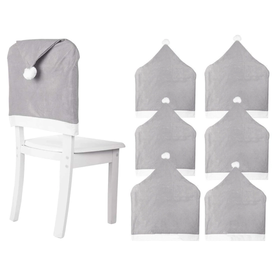 Zestaw 6 szarych pokrowców na krzesła w kształcie Czapki Mikołaja, z białym pomponem,