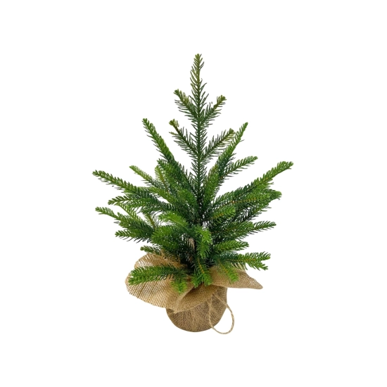 Mała sztuczna choinka 50 cm, gęsta, w naturalnym zielonym kolorze, stojąca na białym tle.