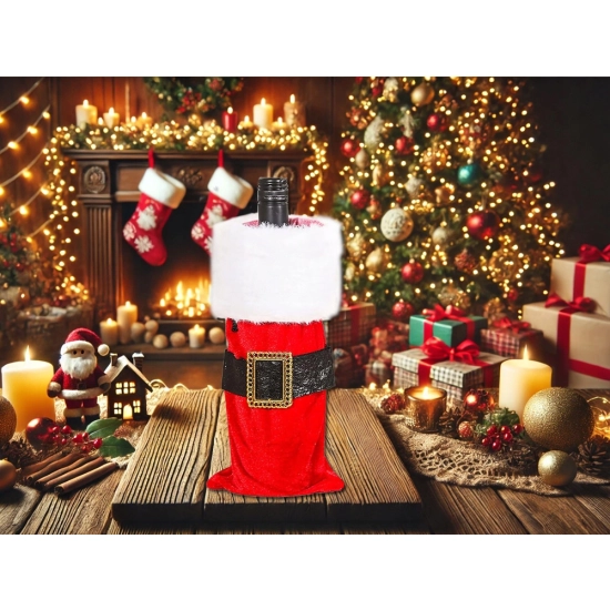 Czerwony pokrowiec na butelkę w stylu stroju Świętego Mikołaja (z białym futerkiem, czarnym pasem i złotą klamrą)