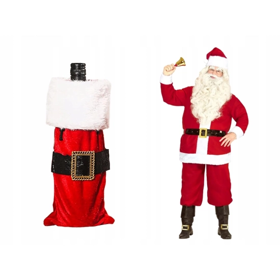 Czerwony pokrowiec na butelkę w stylu stroju Świętego Mikołaja (z białym futerkiem, czarnym pasem i złotą klamrą)