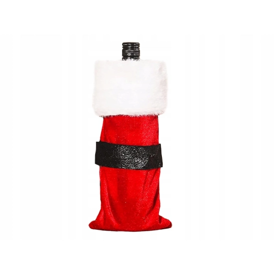 Czerwony pokrowiec na butelkę w stylu stroju Świętego Mikołaja (z białym futerkiem, czarnym pasem i złotą klamrą), założony na butelkę wina.