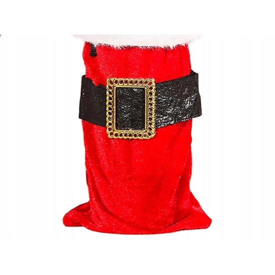 Zbliżenie na ozdobny czarny pas i złotą klamrę pokrowca na butelkę, pokazujące detale wykonania.