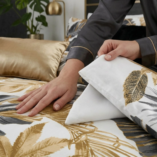 Zbliżenie na dłonie gładzące miękki, bawełniany materiał pościeli z wyrazistym, tropikalnym motywem złotych liści na jasnym tle.