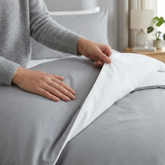 Zbliżenie dłoni odkrywającej drugą stronę pościeli J&W, widoczny kontrast jasnej szarości i bieli.