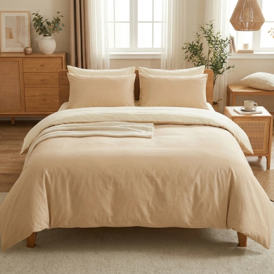 Dwustronny komplet pościeli bawełnianej premium J&W Słodki Karmel w przytulnej sypialni.