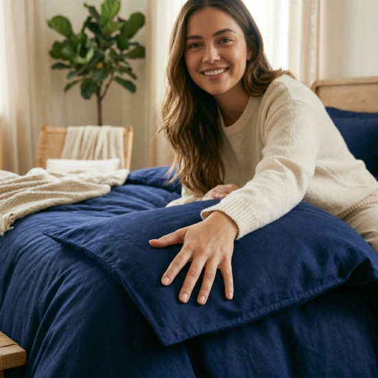 Zbliżenie na dłoń dotykającą gładkiej, granatowej bawełny pościeli premium J&W.