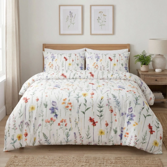 Jasna, przytulna sypialnia z dwuosobowym łóżkiem zaścielonym pościelą J&W w sielski wzór Akwarelowa Łąka.