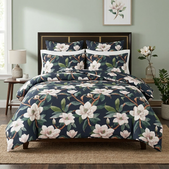 Stylowa sypialnia z dwuosobowym łóżkiem zaścielonym pościelą J&W we wzór Grafitowa Magnolia (ciemne tło z jasnymi kwiatami).