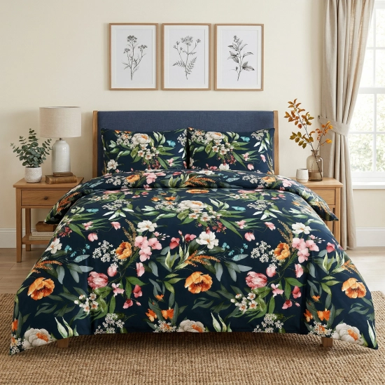 Przytulna, nastrojowa sypialnia z dwuosobowym łóżkiem z ciemną pościelą J&W we wzór Nocny Ogród.