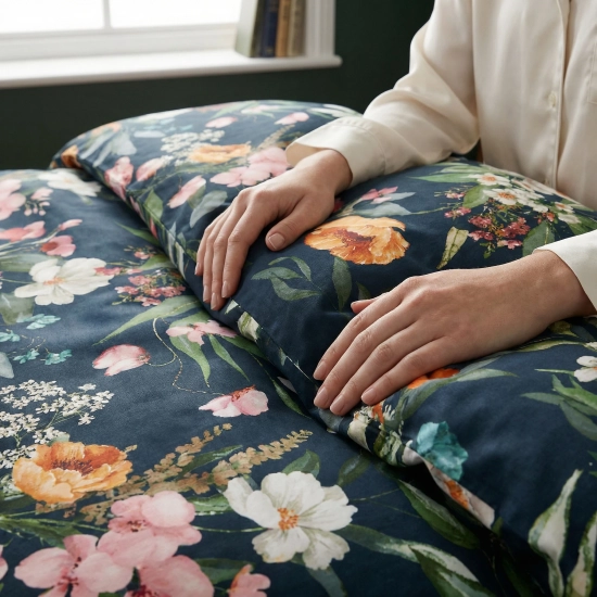 Zbliżenie na dłonie gładzące miękki, bawełniany materiał granatowej pościeli we wzór malarskich kwiatów i liści.