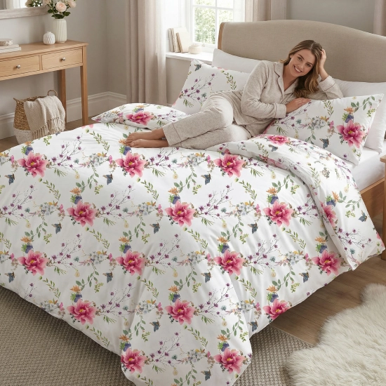 Jasna, elegancka sypialnia, z łóżkiem zaścielonym w białą pościel bawełnianą J&W we wzór różowych kwiatów.