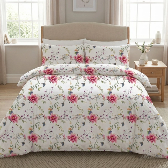 Przytulna, stylowa sypialnia z drewnianym łóżkiem ubranym w romantyczną pościel 